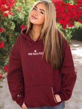 Pink Palm Puff Live in the Moment Hoodie in Cherry, Size Medium